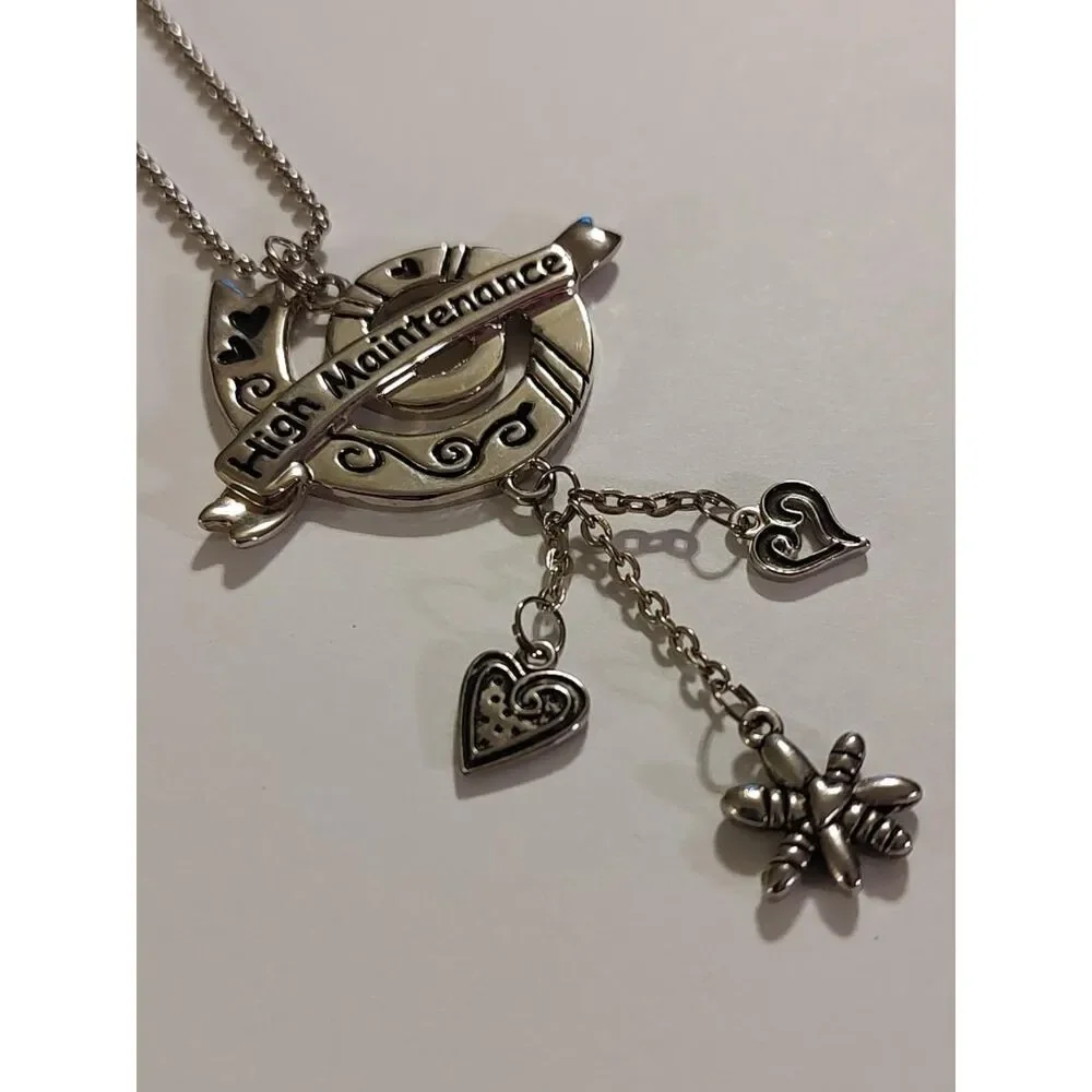 VTG Style High Maintenance Silver Tone Heart Flower Swirl Ribbon Charm Keychain
